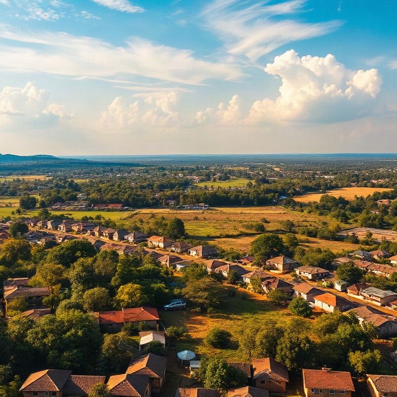 Aerial view of Kakamega green landscape and market town rooftops in equatorial light