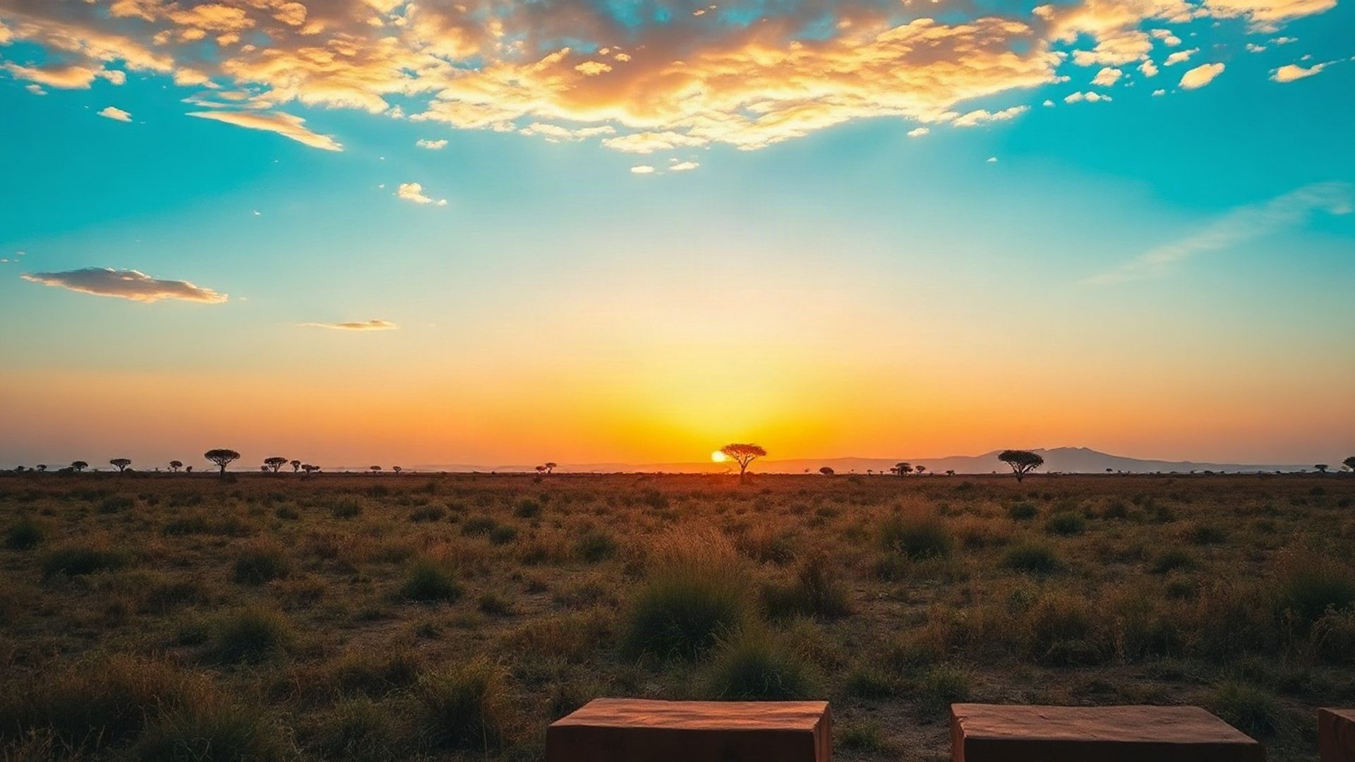 Calm Kenyan landscape at golden hour with acacia silhouette on the horizon