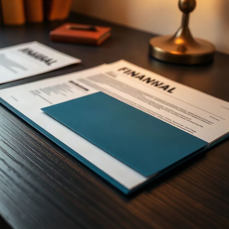 Structured financial document on a dark wooden desk with a single azure accent folder
