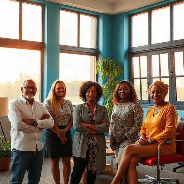 Group portrait of a small professional advisory team in a bright Kenyan office