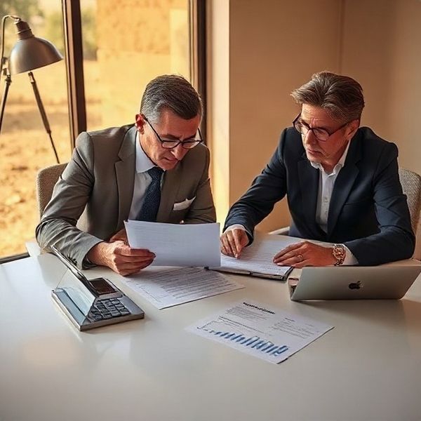 Two advisers reviewing printed financial documents at a clean meeting table